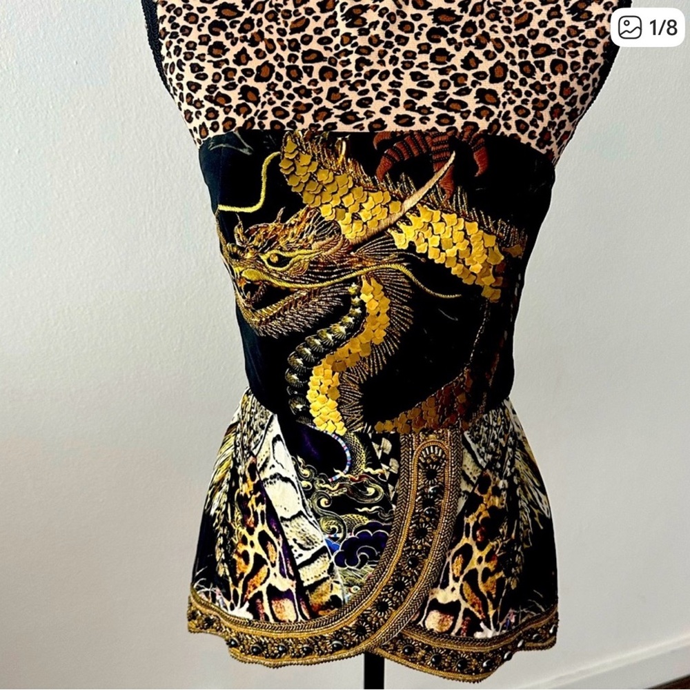 Camilla Black Strapless Camisole with Gold Dragon & Leopard Print